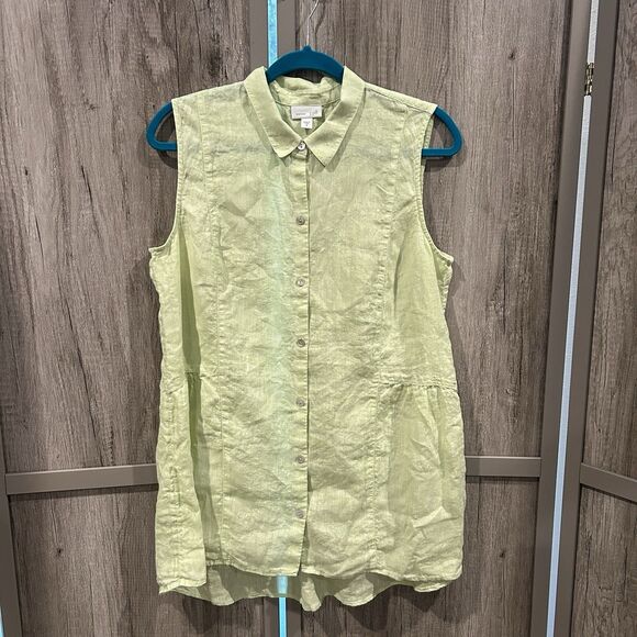 J Jill Love Linen Tunic Sleeveless Button Down Lagenlook Green Color Sz M - Picture 1 of 5